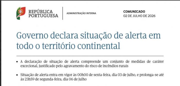 Governo emite declara&ccedil;&atilde;o de situa&ccedil;&atilde;o de alerta em todo o territ&oacute;rio continental. 