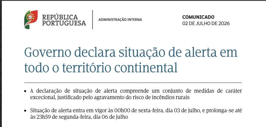 Governo emite declara&ccedil;&atilde;o de situa&ccedil;&atilde;o de alerta em todo o territ&oacute;rio continental. 
