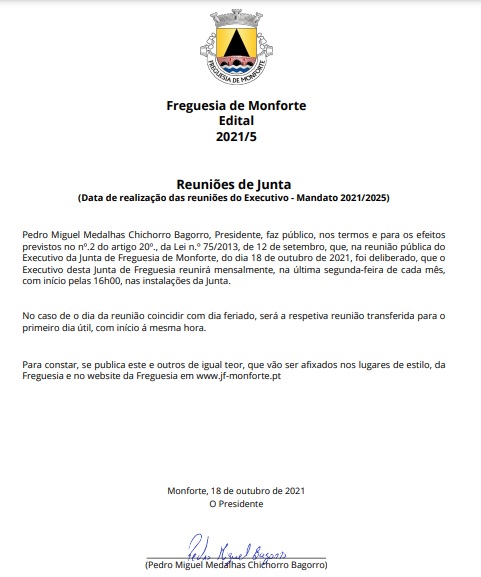 Edital n&ordm; 5/2021 - Reuni&otilde;es Junta de Freguesia 